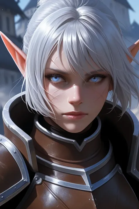 A close up of a elf woman, silver hair, blue eye, leather armor, cold look, old scars, fantasy art, realistic 