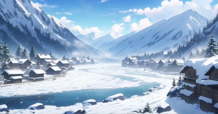  river flowing　Valley　吹snow　snow　winter　 Fantastic　 no people　 background only　Anime anime keyvisual, with snow, with a blizzard,