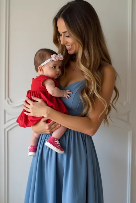 standing,  a beautiful woman with long hair wears a blue dress that highlights her grace and elegance.  Firmly and affectionately ,  holds your 4-month-old baby ,  dressed in red with a delicate dress ,  matching sneakers and headband . by your side, your ...