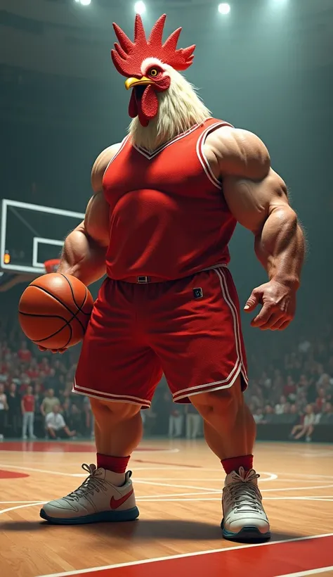  A big and strong man
He has the head of a rooster instead of his normal head.
Hes dressed in a red basketball outfit .
 Hes on an NBA-style basketball court
He has a basketball in his hand  