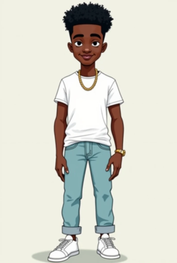 The image in cartoon style. shows a young black afro, bald, thin eyebrows, no beard, young face, against a plain background. He is wearing a casual outfit consisting of a white t-shirt with no prints and light blue jeans. white sneakers. and a gold chain. ...