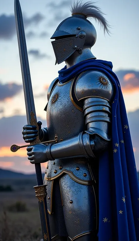 An awe-inspiring knight stands tall under a twilight sky, their polished silver armor glowing softly in the dim light. Intricate filigree patterns etched across the chest plate and gauntlets shimmer like moonlight, evoking a sense of regal sophistication. ...