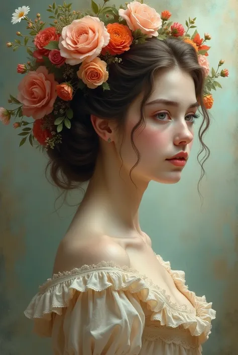 Young Victorian woman with hair adorned with exotic flowers 