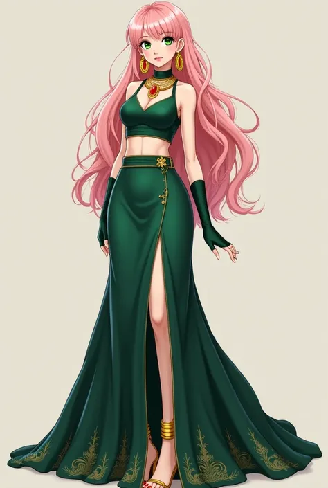 Seraphine is beautiful, graceful, and fairly tall young woman with a slender, curvaceous frame with long light pink hair, green eyes and pale skin. 
Sera wears deep green sleeveless crop top that wraps around her neck and shows her shoulders. Long deep gre...