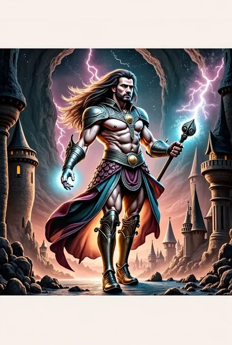 Merlin the 12-century wizard depicted in traditional English mythology, full body portrayed with a muscular physique and a perfect body frame, captured in a full body portrait reminiscent of ancient medieval artwork, showcasing his powerful and magical pre...