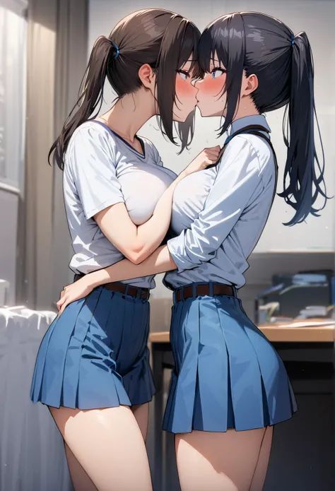 ( masterpiece , top quality:1.2), 1 girl and a high school boy ,  two people hugging and kissing ,  expressive eyes , college den ,  straight hair,  dark haired twintails , ((( perfect face girl))), Big Breasts Female College Student ,  white blouse ,  blu...