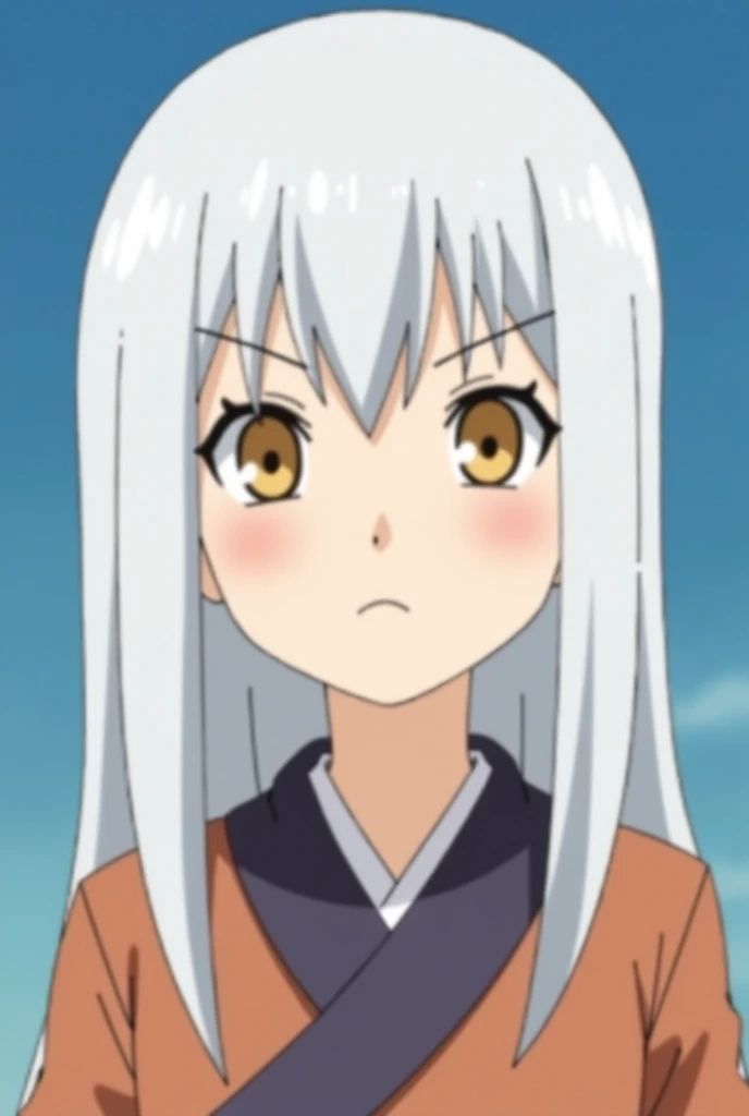  Screenshot of Naruto Shippude .Girl with straight white and long hair  ,with bangs. has honey-colored eyes
And he wears a ninja suit and has a timid expression.