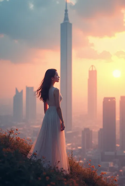  A beautiful woman standing in the distance，Looking at Guangzhou Tower 