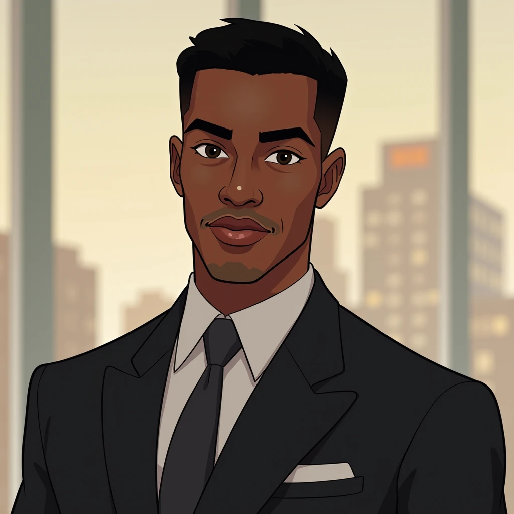 A BLACK MAN IN A SUIT SHORT HAIR BLACK DARK EYES DISNEY STYLE