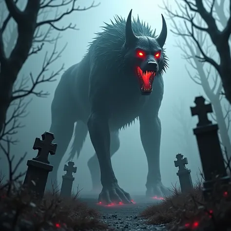 The Hellhound stands in the middle of a dark, fog-shrouded cemetery