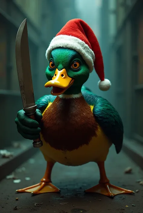  Create an image of a duck .  Adorn it with a Christmas hat .  The duck must portray the image of a murderer. Give a knife to the duck . Furthermore,  let it be characterized as Brazilian .