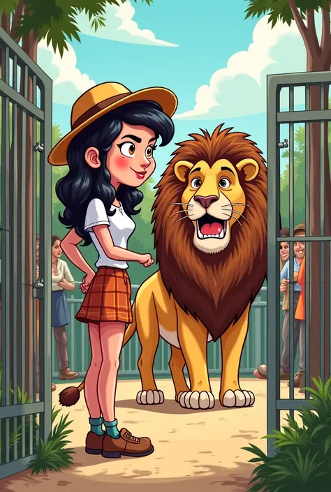 funny cartoon image of a woman standing beside the lion cage ready to open it, looking at the viewer