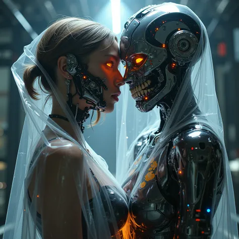 A futuristic cybernetic woman stands intimately close, her bio-glass and polished chrome face wrapped in a transparent polyethylene bag. The material clings to her sharp features, revealing angular implants and fanged metallic teeth beneath. Her glowing ey...