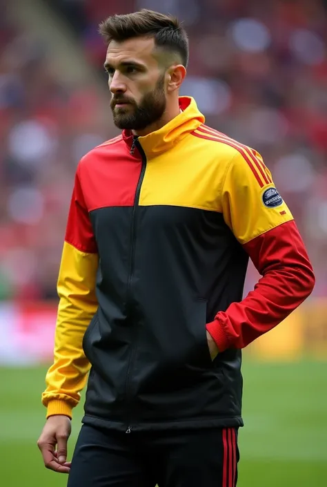 Sports soccer jacket with a yellow and red sleeve design and a black bottom