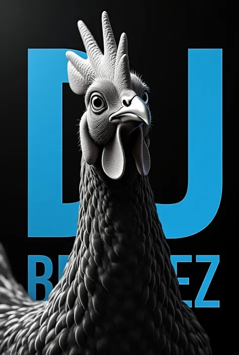 Create an image of Pepe the Chicken in black and white with the word DJ BENITEZ in the background with colors blue white and black 