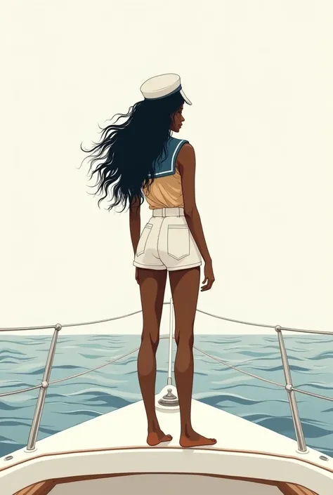 " A minimalist full-body sketch for a book cover .  It shows a sailor with dark skin with wavy and long hair,  standing on her boat while looking at the horizon .  The illustration stands out with clean lines , highlighting her skin tone with subtle color ...