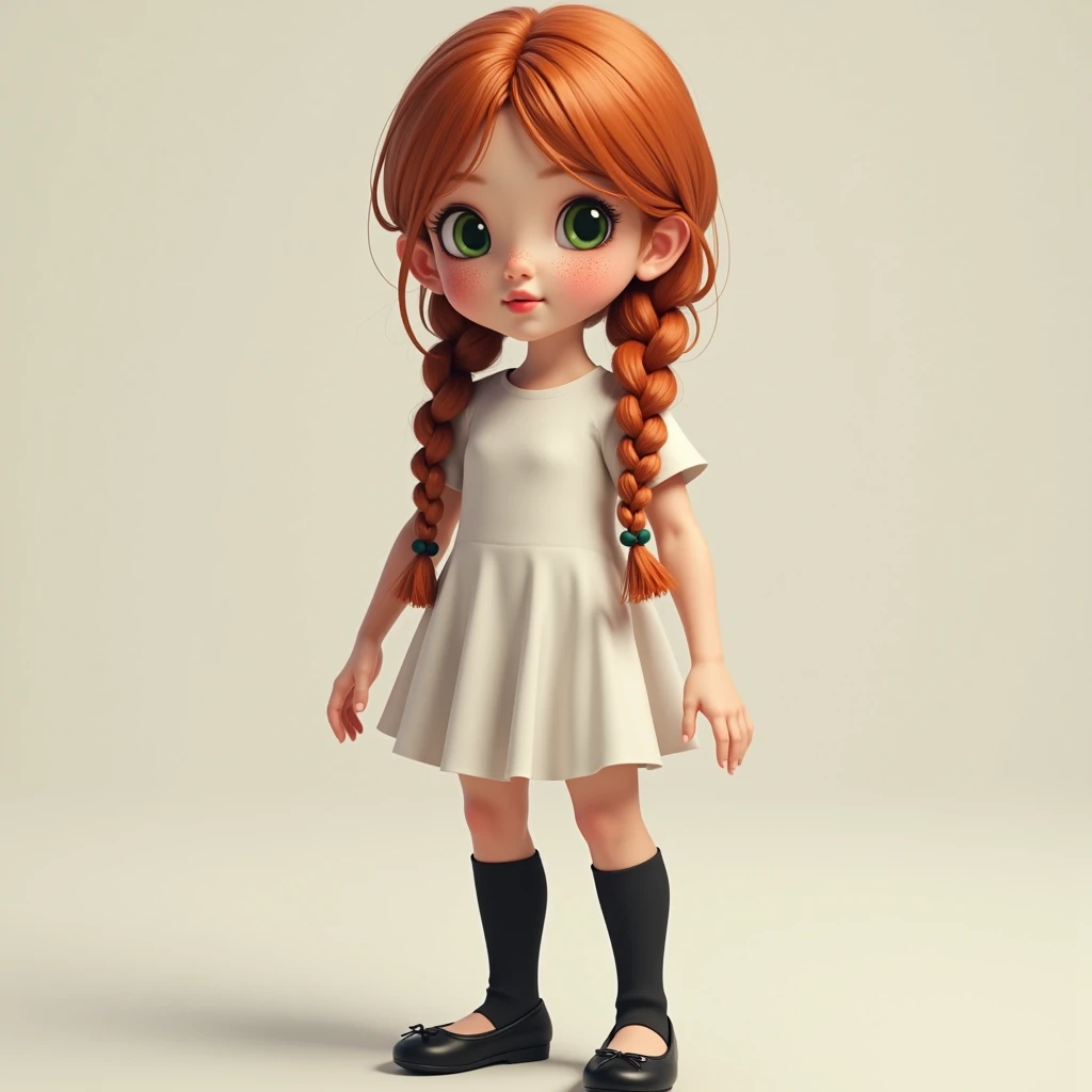 realistic,  girl, s, red long braids , green eyes,  freckles,  dainty, long black nylon knee socks,  short white summer dress ,  black ballarinas .
