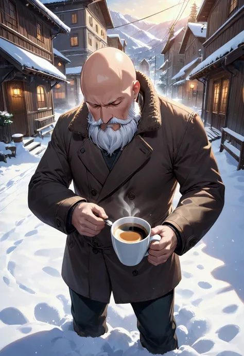 Man with bald head and long white beard stands in the snow and squeezes coffee