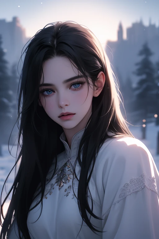 (first person view, below view),(best quality, ((masterpiece)), 8K resolution, cinematic lighting, ultra detailed, Semi-realistic, beautiful detailed eyes),1 Women,sad,(fantasy white clothes),25-year-old,((black long straight hair)),night sky winter,blue e...