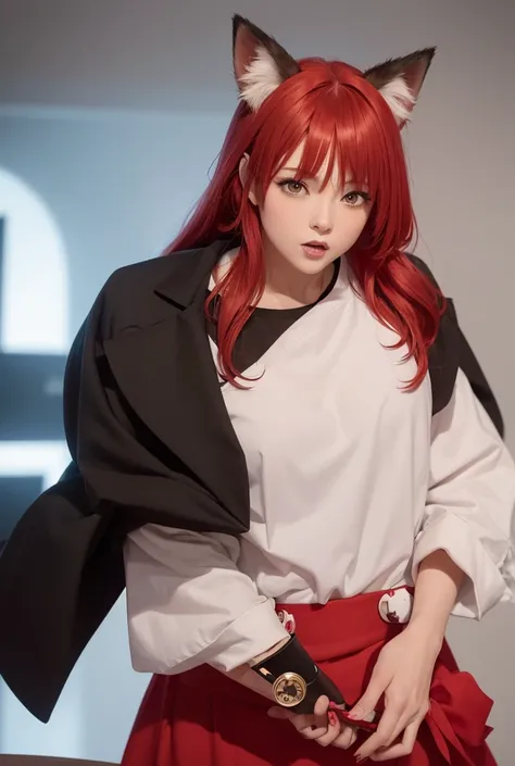 The character has bright red hair styled in medium-length waves. Lower Nose Scar
Animal-like ears resembling fox ears with white fur inside. 
Vibrant red eyes that exude liveliness.
Wears a deep red shirt paired with a black tie featuring a yin-yang pin in...