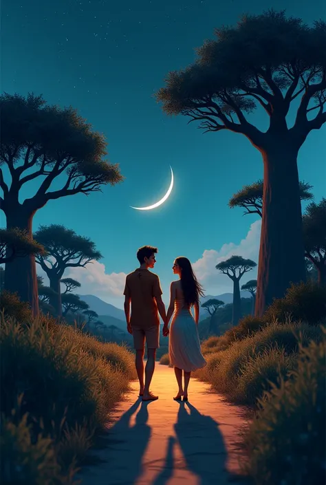 Two lovers walking at night in africa