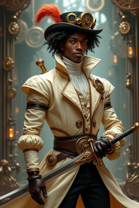 steampunk fencer, curly hair, black man,  green eyes, cream and black steampunk outfit with pants and cape, musketeer hat with feather and gears, steampunk sword