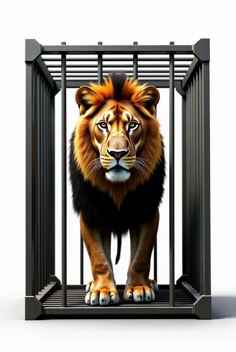 Rectangular iron cage with lion in it looking at the viewer, white background, no other objects