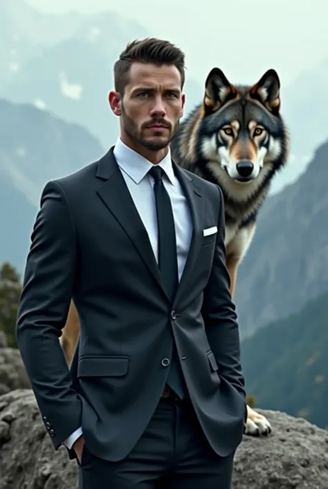 Adjust the man to be in a modern attire with a wolf in the background 