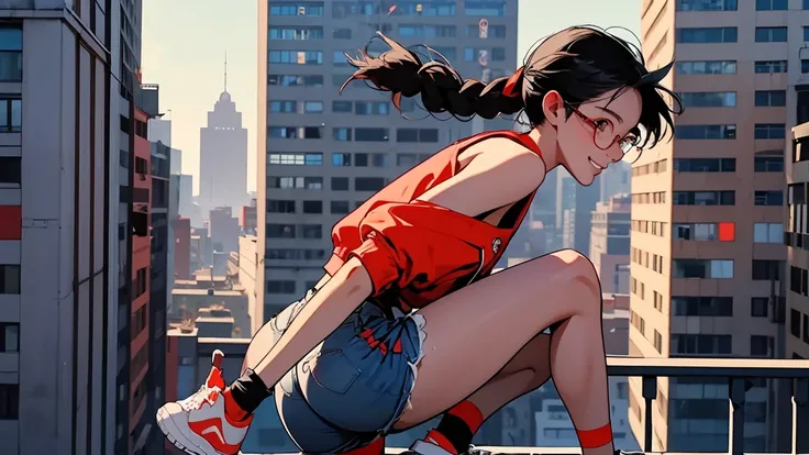 Cute asian teen. hair tied in two braids smile, black eye glasses, red booty shorts, loose tank top, red bomber jacket, high top sneakers, gloves, slender athletic body, long legs, jumping over edge of building top, overlooking city, side profile,