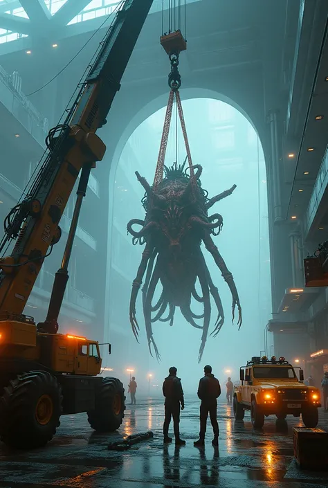 A dramatic scene showing scientists and workers in a high-tech outdoor environment using a large industrial crane to lift a massive alien creature out of a containment tube. The alien, with tentacles and a unique organic structure, is suspended mid-air by ...