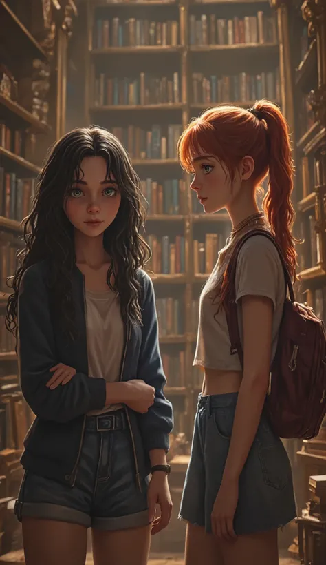 Two young women in the image. The first one has long, wavy black hair and blue eyes; the second model has a thin face, green eyes, and long red hair in a ponytail. They are wearing cute outfits. They are exploring a majestic library. Realistic and lifelike...