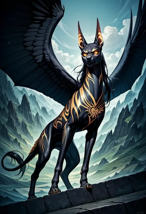 Masterpiece Best quality, full body, (((feral)), the best definition to add aesthetic and lighting details Black girl jackal,  black body, black wings, angry demon,  egipt landscape, golden tattoo body, sensual eyes, yellow pupil, glowing eyes, 