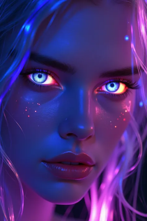 (a semi-realistic boy with neon monochrome translucent long hair)1.2], (ping purple gradient eyeliner}}} (1.4) , (Heterochromia glowing cyan pink and neon sunset eyes:1.2) , ((intricate robotic lines on your cheeks with red-purple gradient))[1.2...](dim li...