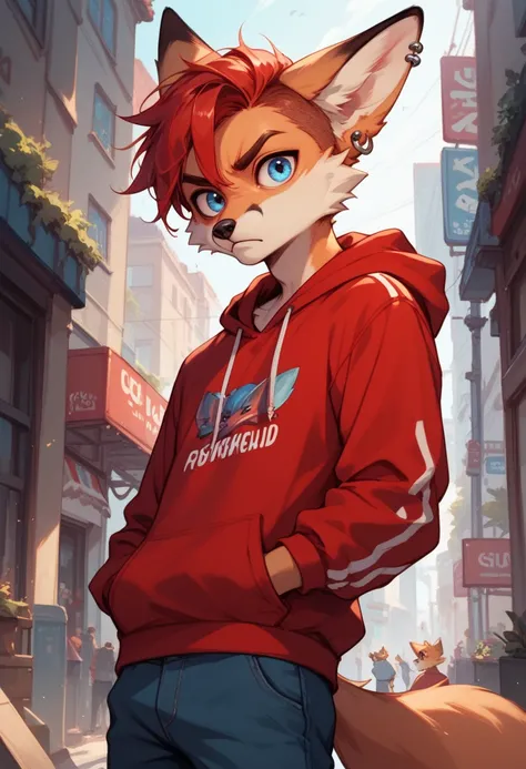 Furry boy fox pierced ear earrings red short hair blue eyes in a red sweatshirt and pants frowns big eyes
