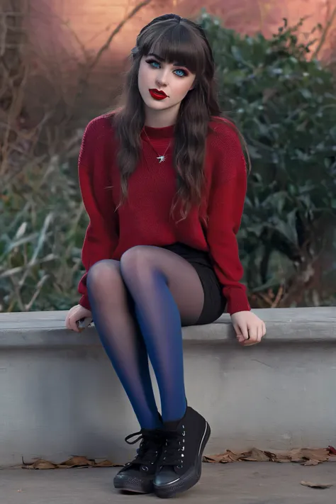 Trans girl, photorealistic, naturally red cheeks, 18, long black bangs, flat chest, big butt, dark red lips, black eyeliner with wings, small penis, blue eyes, black sweater, opaque tights, converse shoes, caucasian, closed mouth