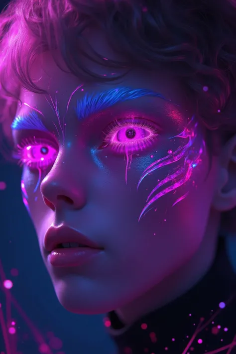 (a semi-realistic boy with neon monochromatic translucent hair)1.2], (ping purple gradient eyeliner}}} (1.4) , (Heterochromia glowing cyan pink and neon sunset eyes:1.2) , ((intricate robotic lines in your cheeks with red-purple gradient))[1.2...](dim ligh...