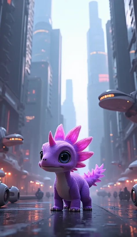  beautiful baby dinosaur with purple and pink feathers, baby dinosaur lost in a futuristic city .