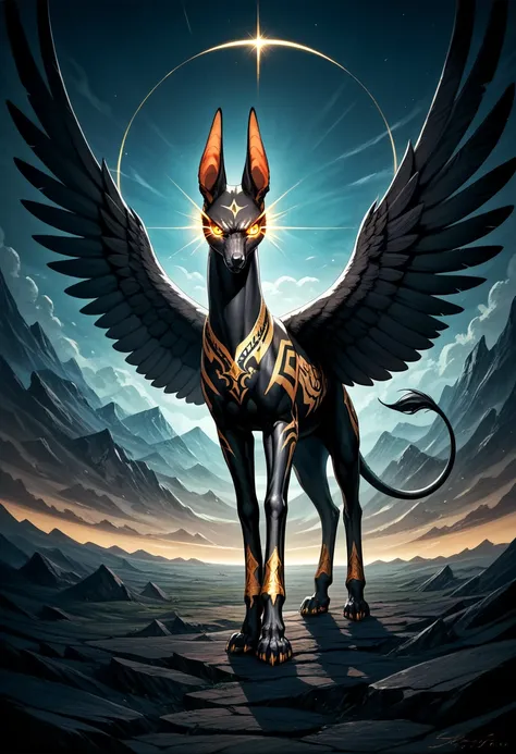 Masterpiece Best quality, full body, (((feral)), the best definition to add aesthetic and lighting details Black girl jackal,  black body, black wings, angry demon,  egipt landscape, golden tattoo body, sensual eyes, yellow pupil, glowing eyes, 