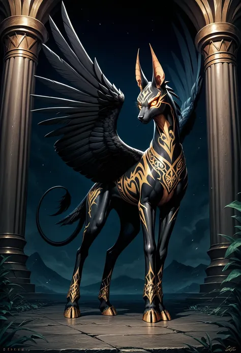 Masterpiece Best quality, full body, (((feral)), the best definition to add aesthetic and lighting details Black girl jackal,  black body, black wings, angry demon,  egipt landscape, golden tattoo body, sensual eyes, yellow pupil, glowing eyes, 