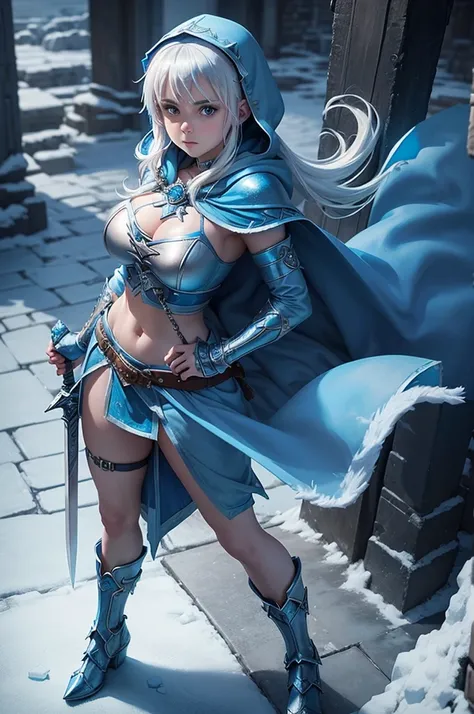 Fantasy warrior girl holding a sword made of ice, teenage girl, (blue cloak, blue hood:1.2), big breasts, midriff, white hair, blue loincloth, (full body, cute girl, adorable girl:1.4)