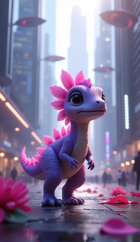 realistic beautiful baby dinosaur with purple and pink feathers, baby dinosaur lost in a futuristic city .