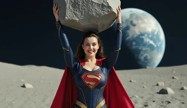 Katherine langford, She is smiling, Shes wearing the Superman , deep v neckline,  big boobs, She is smiling, Shes on the moon, Overlooking Earth , lifting a giant rock bigger than her body with arms above her head, Your cape flies in the wind