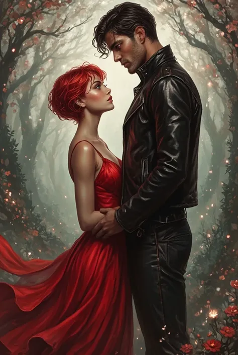 1 girl, hair red, short hair, red dress, fantasy romance, 1 man, hair black, eyes red, black leather jacket, tall, strong,