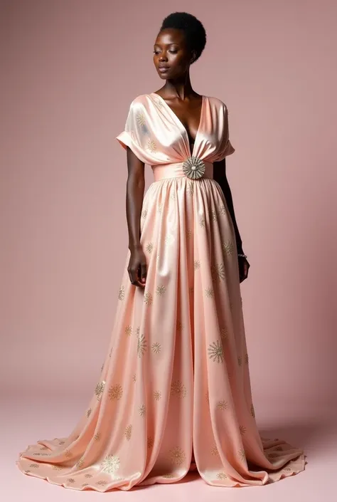 
"Elegance in Blush Pink – A Senegalese Touch"
This design embodies delicacy and sophistication, featuring a flowing, lightweight fabric in a subtle blush pink shade adorned with shimmering golden patterns. The refined drape, highlighted by an elegant jewe...