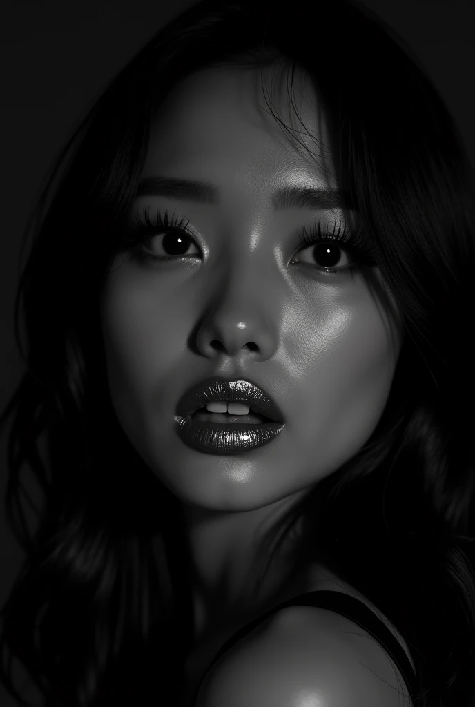 Create a striking black-and-white visual of an Asian woman’s face partially illuminated. Use dramatic lighting to create sharp contrasts, casting deep shadows over the face, leaving only her eyes and lips in the light. Her eyes should appear piercing and e...