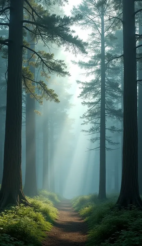 Amazing view of a pine forest with pencil of light infiltrating the morning fog, 8K