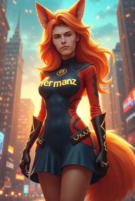 Create an image of a superhero with a foxs tail and the face of the person in the picture, And in the dress you must say: HernanZ 