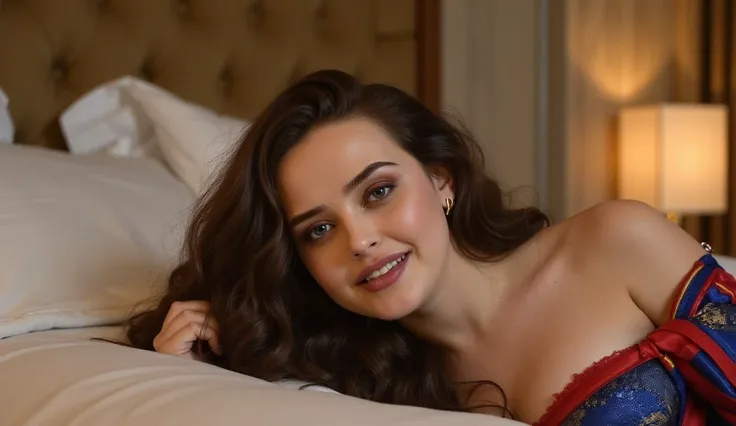 Katherine langford, She is smiling, shes wearing Superman , deep v neckline,  big boobs, She is smiling,  lingerie shes in a luxurious hotel lying on a bed in a sensual pose