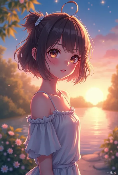 Beautiful anime cute girl in snoy evening