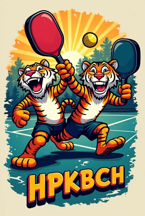 I want to make a pickleball t-shirt design。
 comical tiger characters and team name 、Its hpkbch 。
 can you generate ？